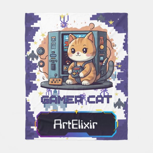Schattigee Gamer Cat Blauwe Print Fleece Deken (Voorkant)