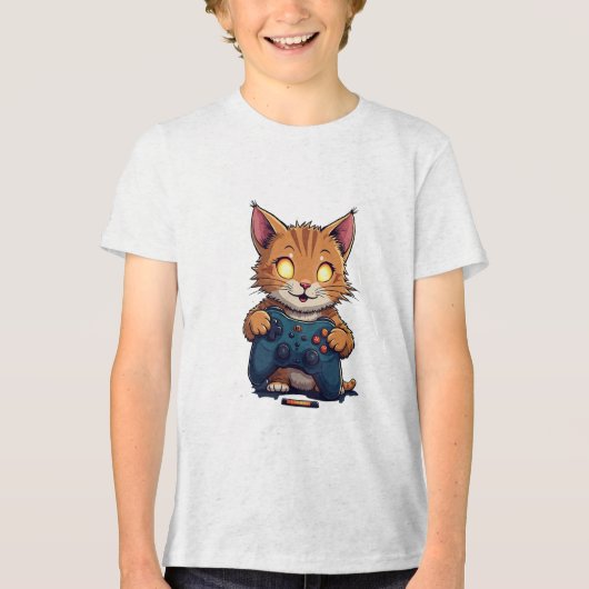Schattigee gamer kat met gloeiende ogen en spelbes Tri-Blend shirt (Voorkant)