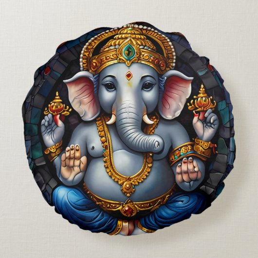 Schattigee Ganesh Blue Elephant God Rond Kussen (Achterkant)