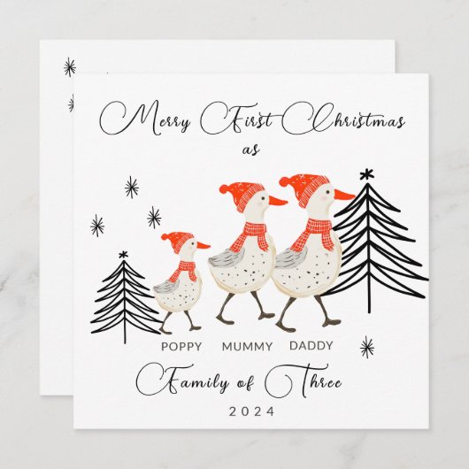 Schattigee ganzenfamilie van drie eerste kerstdage feestdagenkaart (Voorkant / Achterkant)