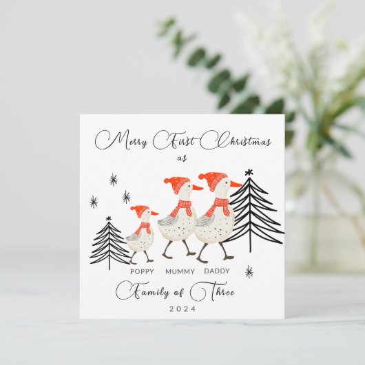 Schattigee ganzenfamilie van drie eerste kerstdage feestdagenkaart (Staand voorkant)