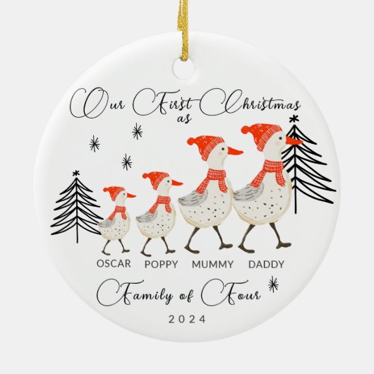 Schattigee ganzenfamilie van vier eerste kerstdage keramisch ornament (Achterkant)