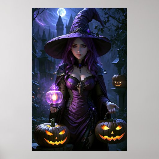 Schattigee geanimeerde halloween heks poster (Voorkant)