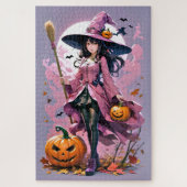 Schattigee geanimeerde Halloween Witch, Jack-O-Lan Legpuzzel (Verticaal)