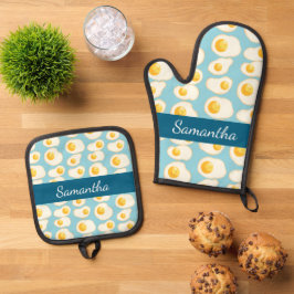 Schattigee gebakken eieren ovenwant & pannenlap set