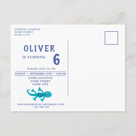 Schattigee Gecko Hagedis Blue Kids Verjaardagsfees Uitnodiging Briefkaart (Achterkant)
