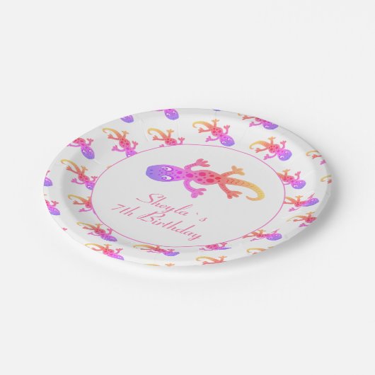 Schattigee Gecko Hagedis Roze Regenboog Meisje Ver Papieren Bordje (Gekanteld)