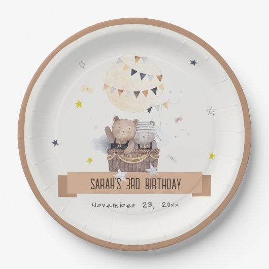 Schattigee gedempte Teddy heteluchtballon Kids Ver Papieren Bordje (Voorkant)