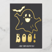 Schattigee geest "Boe!" Halloween design met vleer Folie Uitnodiging (Voorkant)