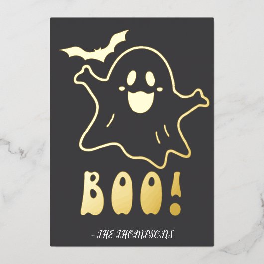 Schattigee geest "Boe!" Halloween design met vleer Folie Uitnodiging (Voorkant)