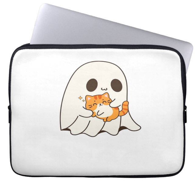Schattigee geest en kat, Gift Halloween Classic T- Laptop Sleeve (Voorkant)