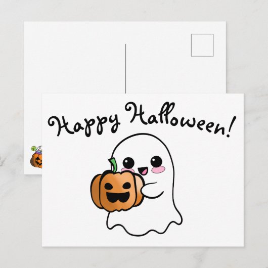 Schattigee geest en pompoen blij Halloween Briefkaart (Voorkant / Achterkant)