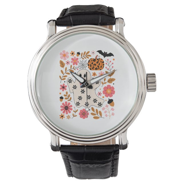 Schattigee geest en pompoen Bloemen Spooky Horloge (Voorkant)