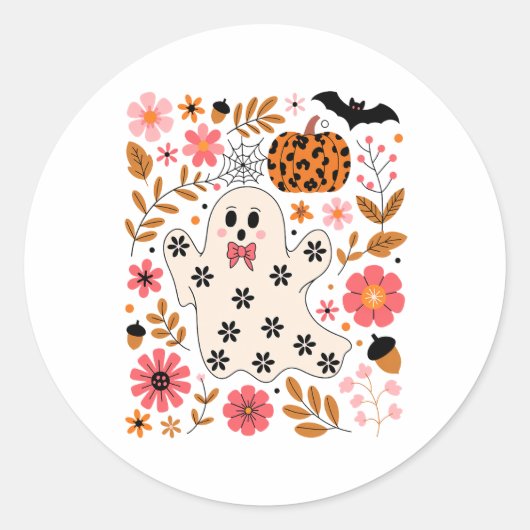 Schattigee geest en pompoen Bloemen Spooky Ronde Sticker (Voorkant)