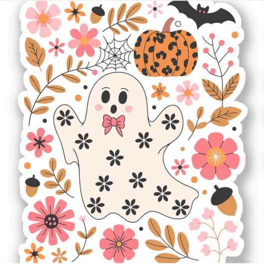 Schattigee geest en pompoen Bloemen Spooky Sticker (Voorkant)