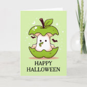 Schattigee geest in groene appel met worm Hallowee Kaart (Voorkant)