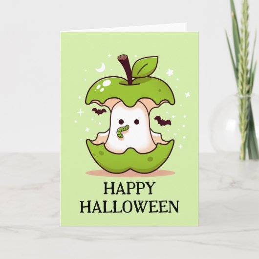 Schattigee geest in groene appel met worm Hallowee Kaart (Voorkant)