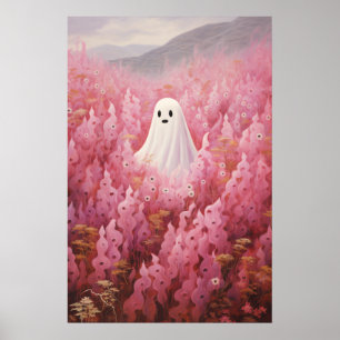 Schattigee geest in roze bloemenveld poster