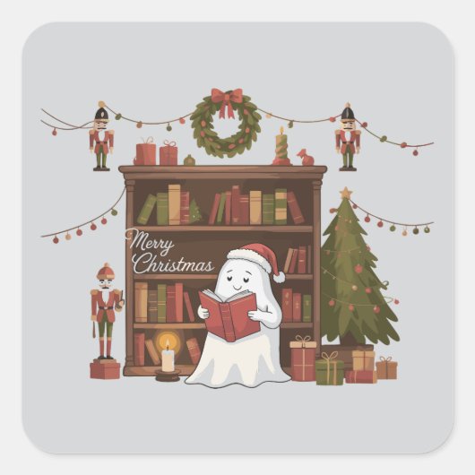 Schattigee geest lezen boek kerst lezen vierkante sticker (Voorkant)