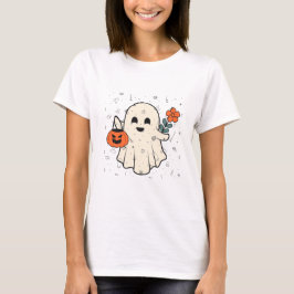 Schattigee geest met bloem en pompoen Halloween T-shirt