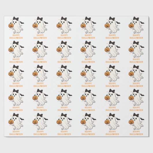 Schattigee geest met boog en pompoen | Halloween Cadeaupapier (Vlak)