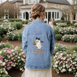 Schattigee geest met boog en pompoen | Halloween Denim Jacket