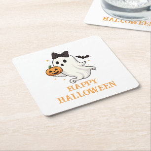 Schattigee geest met boog en pompoen Halloween Kartonnen Onderzetters