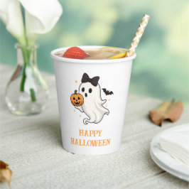Schattigee geest met boog en pompoen | Halloween Papieren Bekers