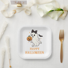 Schattigee geest met boog en pompoen | Halloween Papieren Bordje