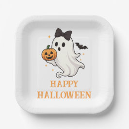 Schattigee geest met boog en pompoen | Halloween Papieren Bordje