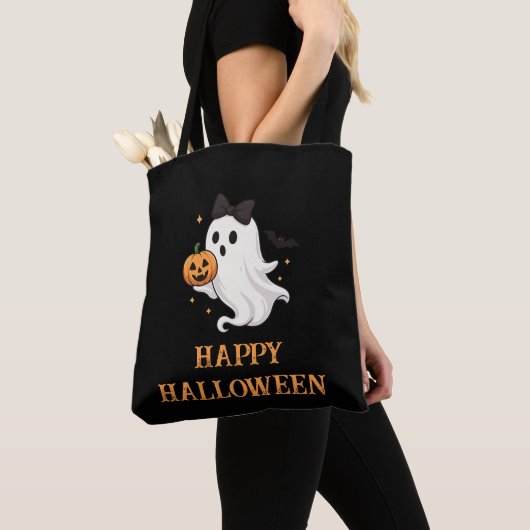 Schattigee geest met boog en pompoen | Halloween Tote Bag (Dichtbij)