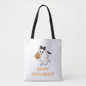 Schattigee geest met boog en pompoen | Halloween Tote Bag (Voorkant)