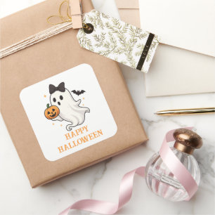 Schattigee geest met boog en pompoen   Halloween Vierkante Sticker