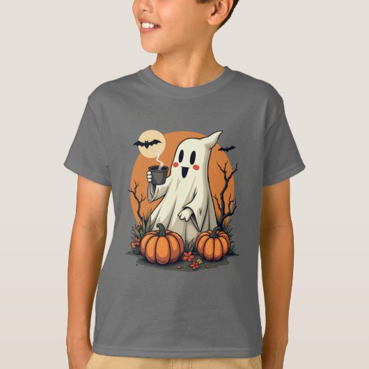 Schattigee geest met koffie en pompoenen Halloween T-shirt (Voorkant)
