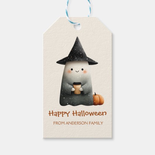 Schattigee geest met koffie Halloween Cadeaulabel (Voorkant)