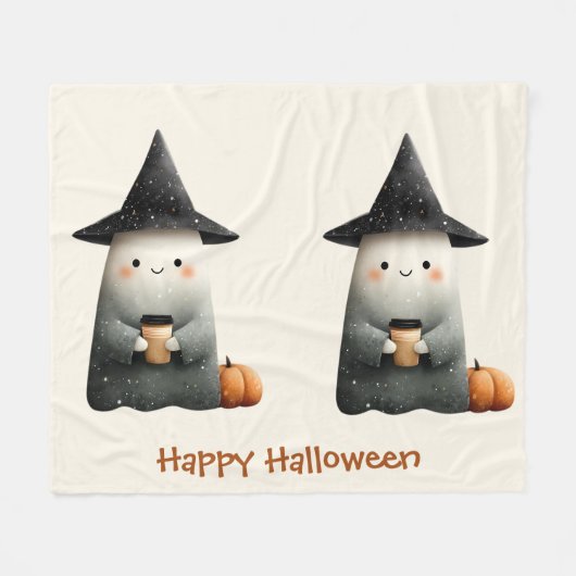 Schattigee geest met koffie Halloween Fleece Deken (Voorkant (Horizontaal))