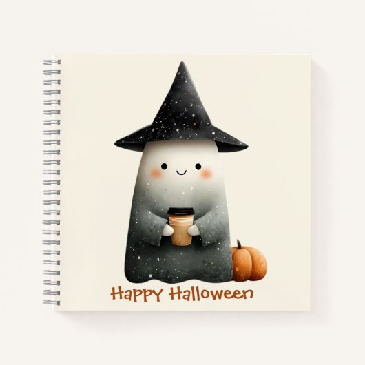 Schattigee geest met koffie Halloween Notitieboek (Voorkant)