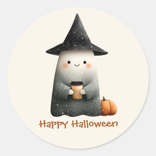 Schattigee geest met koffie Halloween Ronde Sticker (Voorkant)