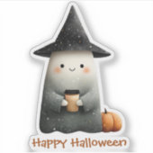 Schattigee geest met koffie Halloween Sticker (Voorkant)