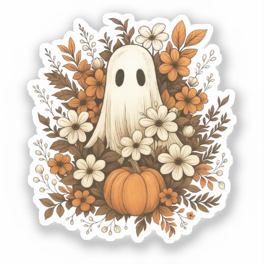 Schattigee geest met pompoen en Herfst bloesems - Sticker (Voorkant)