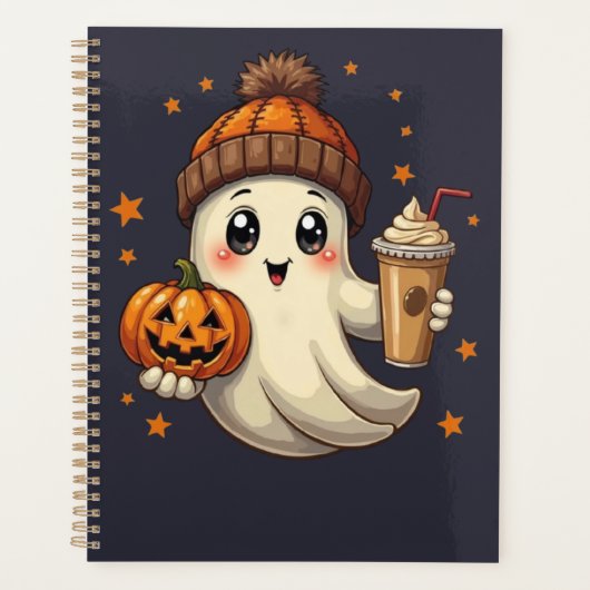 Schattigee geest met pompoen en koffie Halloween P Planner (Voorkant)