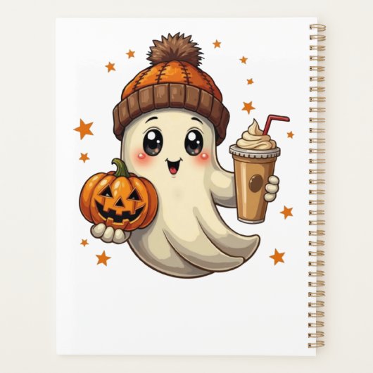 Schattigee geest met pompoen en koffie Halloween P Planner (Achterkant)