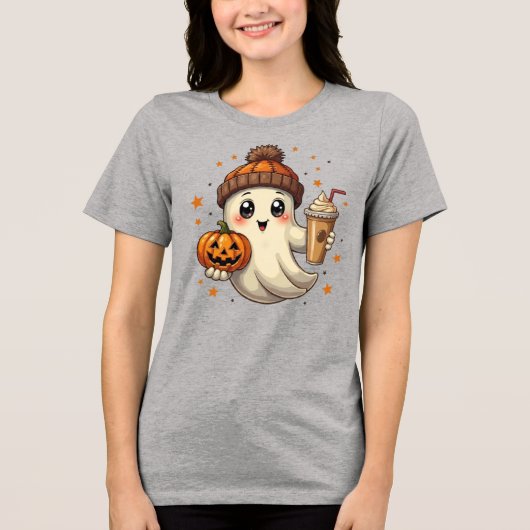 Schattigee geest met pompoen & koffie Halloween T- Tri-Blend Shirt (Voorkant)