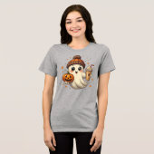 Schattigee geest met pompoen & koffie Halloween T- Tri-Blend Shirt (Voorkant volledig)