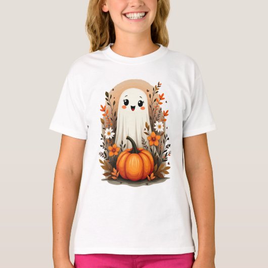 Schattigee geest met pompoenen Halloween Herfst Gi T-shirt (Voorkant)