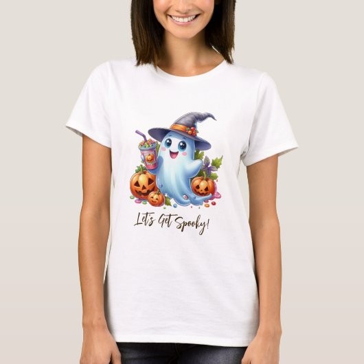 Schattigee geest met spookachtige drinken, Hallowe T-shirt (Voorkant)