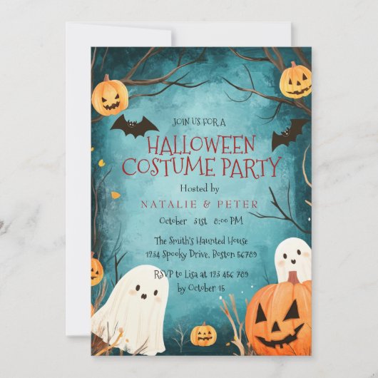 Schattigee geesten en pompoenen Halloween kostuumf Kaart (Voorkant)