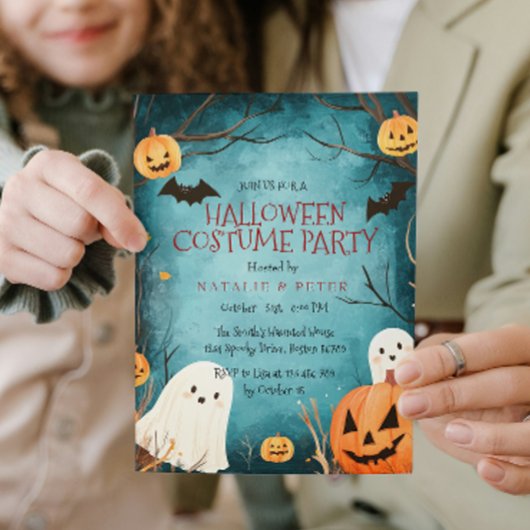 Schattigee geesten en pompoenen Halloween kostuumf Kaart