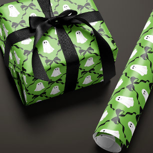 Schattigee geesten en zwarte bogen op groene Hallo Cadeaupapier