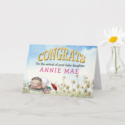Schattigee Gefeliciteerd Nieuwe Baby Meisje Naam Kaart (Kleine Plant)